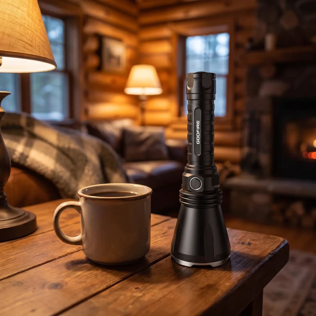 Lanterna LED Superfire Godfire TF01 Preto Recarregável USB-C 1371 Lúmens 1000 m, vista lateral: em pé sobre mesa de madeira