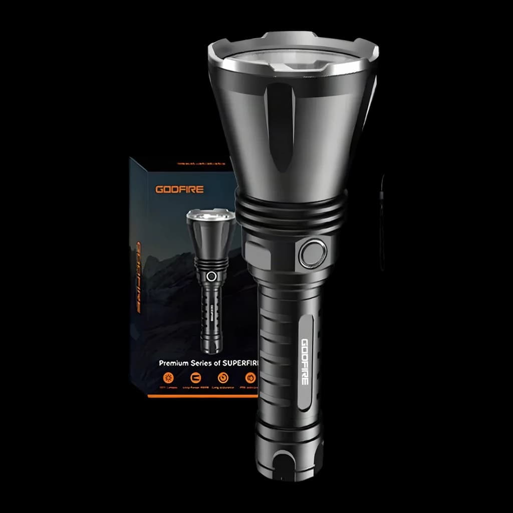 Lanterna LED Superfire Godfire TF01 Preto Recarregável USB-C 1371 Lúmens 1000 m, detalhe: refletor largo, botão lateral