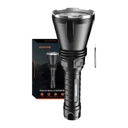 Lanterna LED Superfire Godfire TF01 Preto Recarregável USB-C 1371 Lúmens 1000 m, detalhe: refletor largo, botão lateral