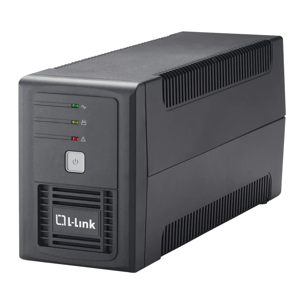 SAI L-Link LL-5707 Línea Interactiva 700VA 360W Negro, vista frontal: carcasa negra con LEDs indicadores, botón de encendido