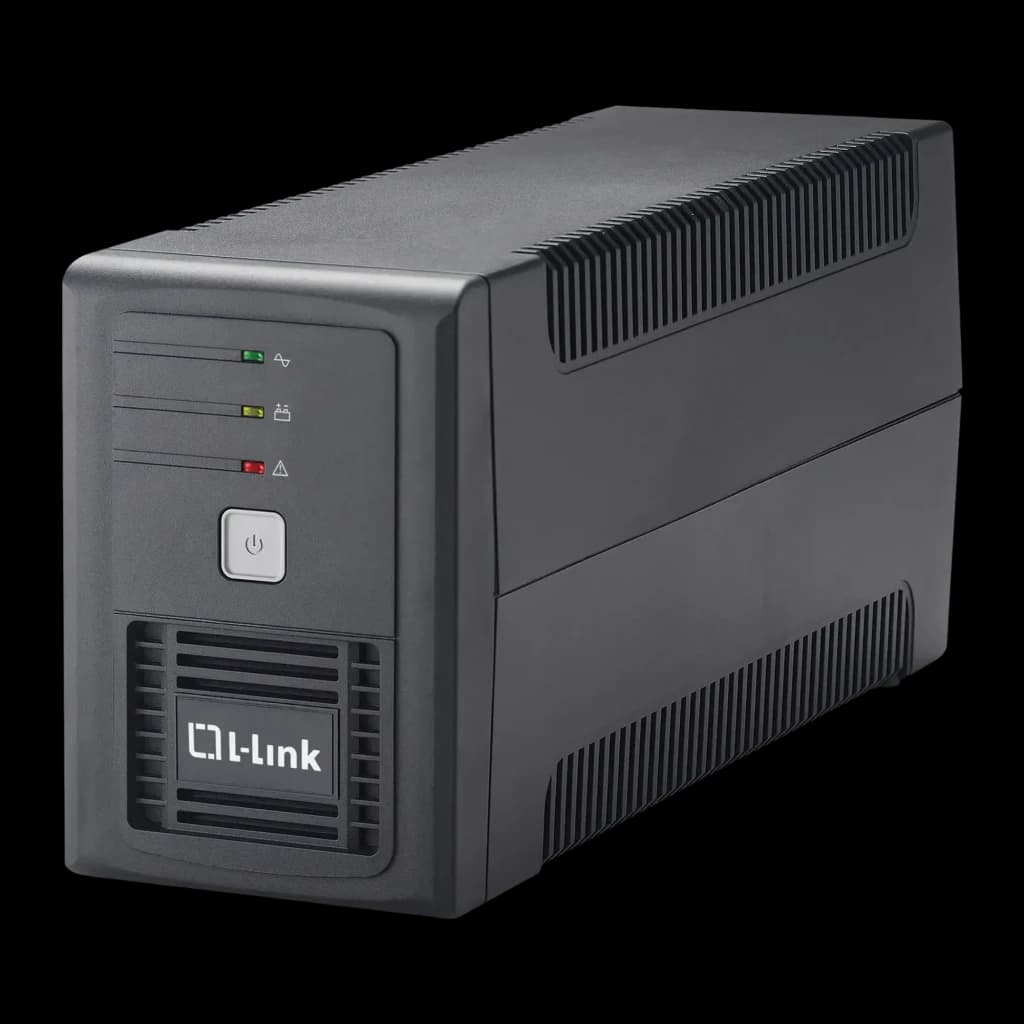 SAI L-Link LL-5707 Línea Interactiva 700VA 360W Negro, vista frontal: carcasa negra con LEDs indicadores, botón de encendido