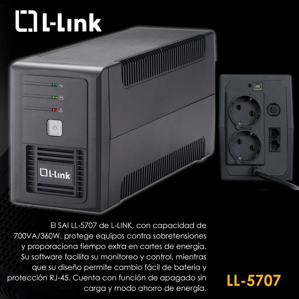 SAI L-Link LL-5707 Línea Interactiva 700VA 360W Negro, vistas frontal y trasera: panel LED, botón encendido, tomas Schuko