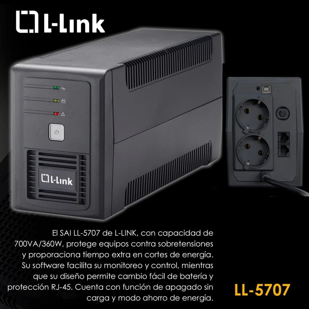 SAI L-Link LL-5707 Línea Interactiva 700VA 360W Negro, vistas frontal y trasera: panel LED, botón encendido, tomas Schuko