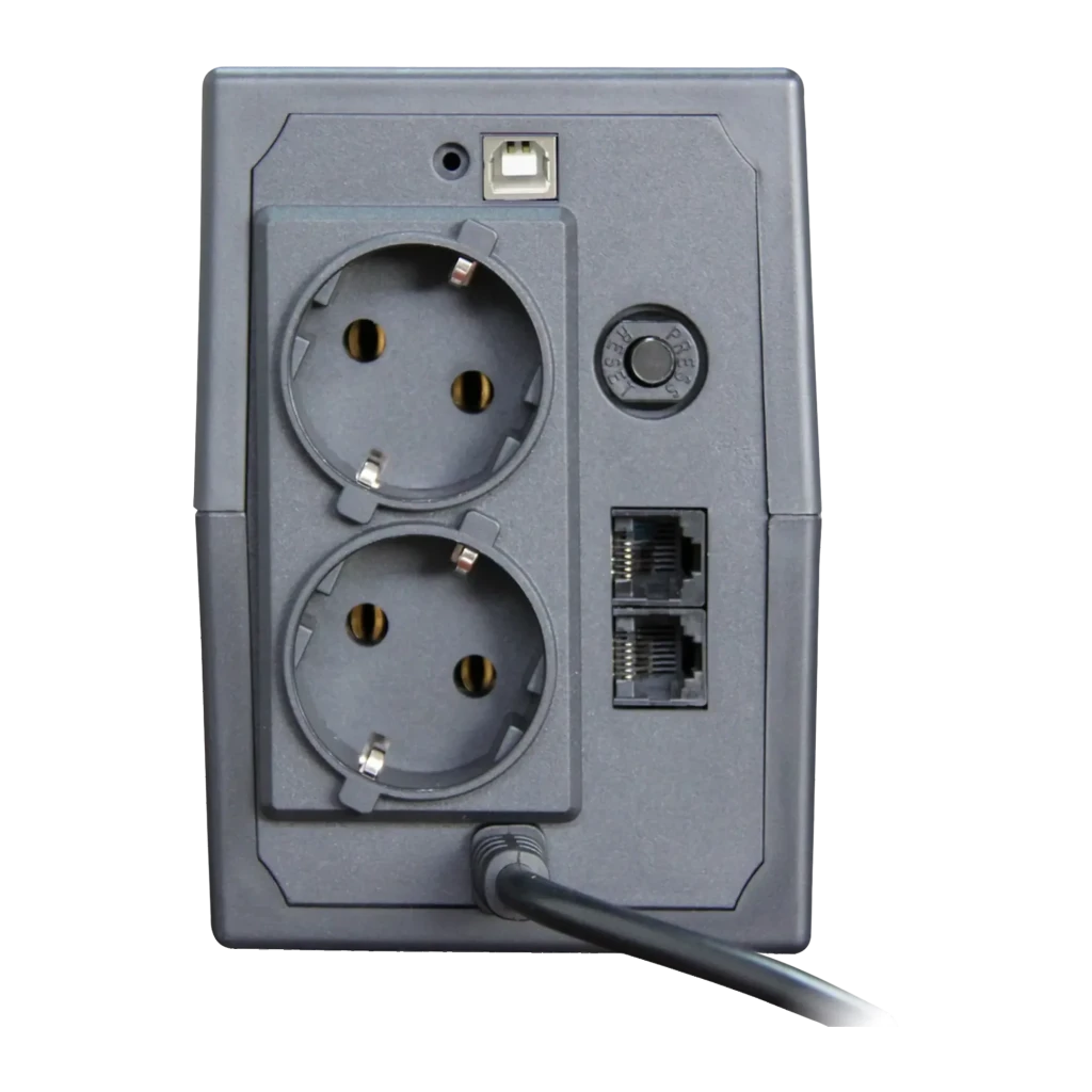 SAI L-Link LL-5707 Línea Interactiva 700VA 360W Negro, vista trasera: 2 enchufes Schuko, puerto USB-B, 2 puertos RJ y cable