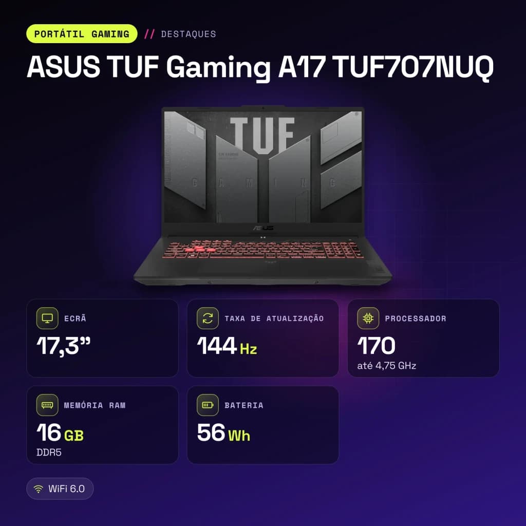 Portátil ASUS TUF Gaming A17 16GB/512GB RTX 4050 6GB 17.3 polegadas FHD IPS AMD Ryzen 7 NVMe PCIe 4.0 Windows 11 Home Cinzento TUF707NUQ - características