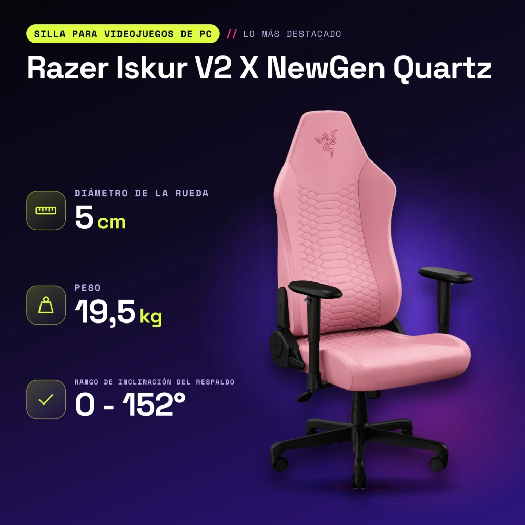 Chaise Gaming Razer Iskur V2 X NewGen Quartz Rose Cuir EPU 2D 136 kg - caractéristiques