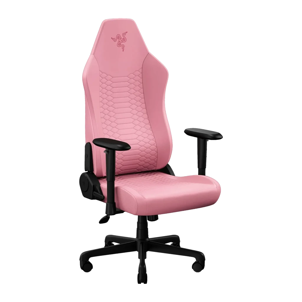 Chaise Gaming Razer Iskur V2 X NewGen Quartz Rose Cuir EPU 2D 136 kg, vue de face: revêtement rose à motif hexagonal, logo