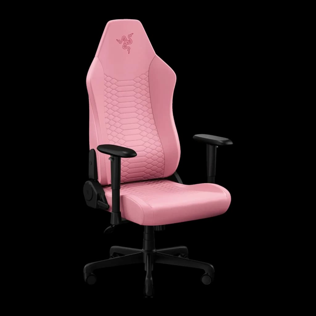 Chaise Gaming Razer Iskur V2 X NewGen Quartz Rose Cuir EPU 2D 136 kg, vue de face: revêtement rose à motif hexagonal, logo