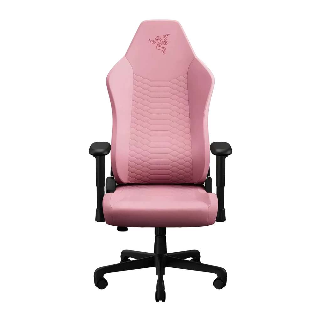 Chaise Gaming Razer Iskur V2 X NewGen Quartz Rose Cuir EPU 2D 136 kg, détail face avant: revêtement rose avec coutures