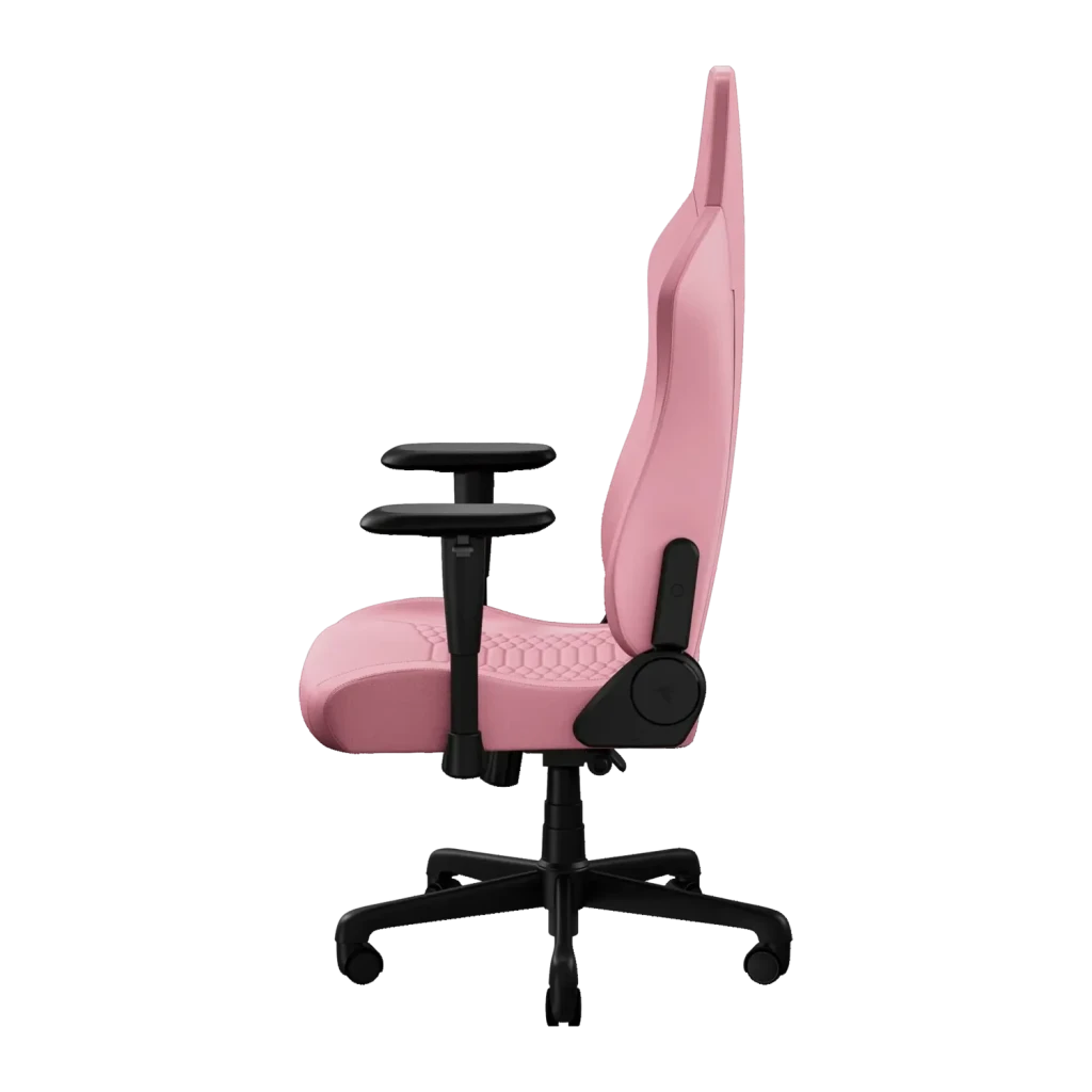 Chaise Gaming Razer Iskur V2 X NewGen Quartz Rose Cuir EPU 2D 136 kg, détail latéral: dossier haut, accoudoirs 2D et base
