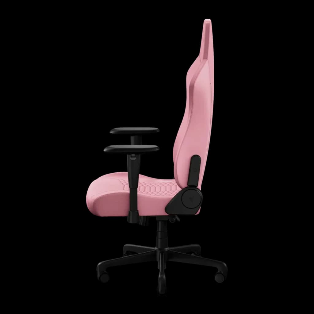 Chaise Gaming Razer Iskur V2 X NewGen Quartz Rose Cuir EPU 2D 136 kg, détail latéral: dossier haut, accoudoirs 2D et base