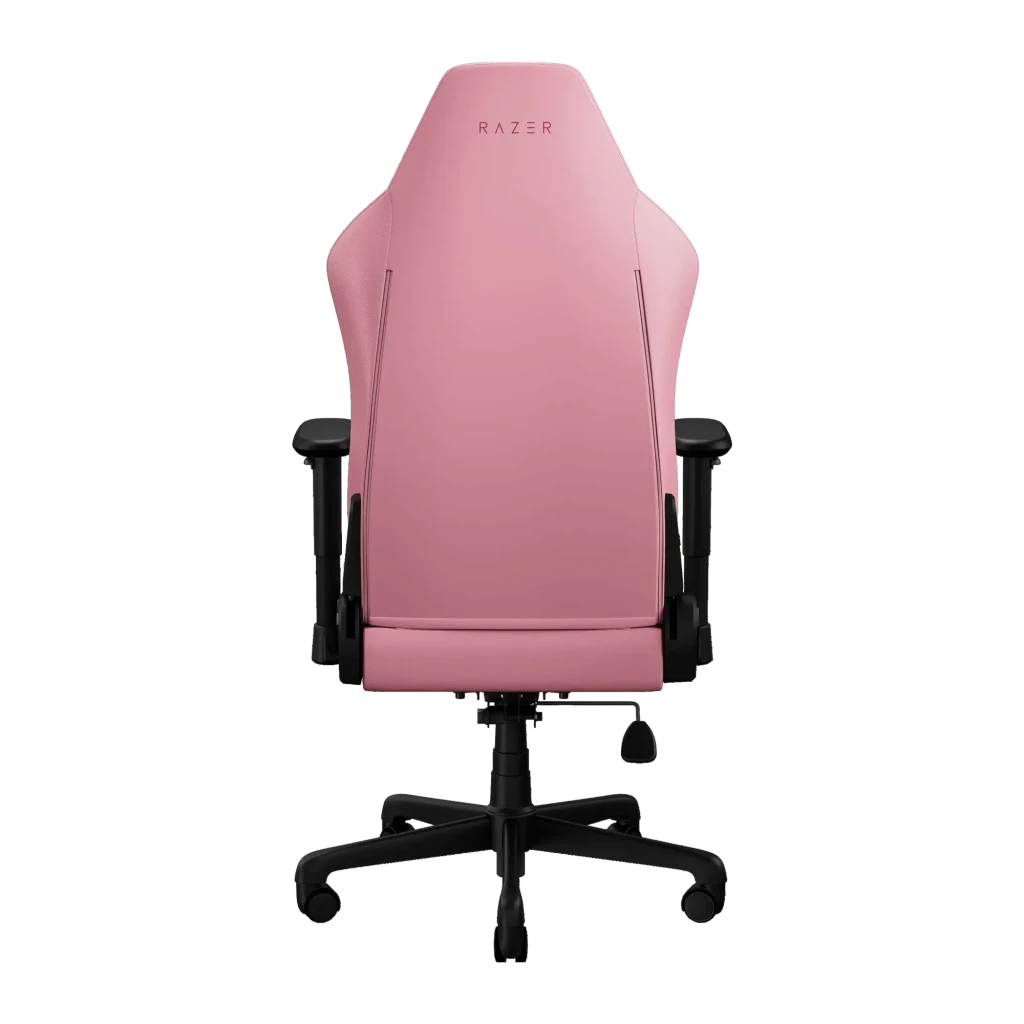Chaise Gaming Razer Iskur V2 X NewGen Quartz Rose Cuir EPU 2D 136 kg, vue arrière: dossier rose avec logo Razer, accoudoirs
