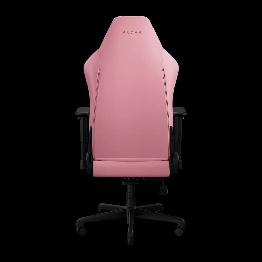 Chaise Gaming Razer Iskur V2 X NewGen Quartz Rose Cuir EPU 2D 136 kg, vue arrière: dossier rose avec logo Razer, accoudoirs