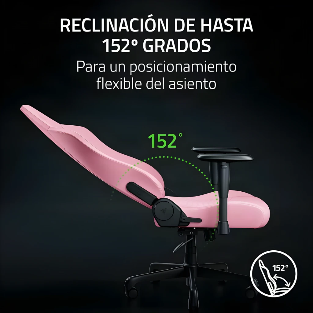 Chaise Gaming Razer Iskur V2 X NewGen Quartz Rose Cuir EPU 2D 136 kg, vue latérale: inclinée à 152° avec indicateur d'angle