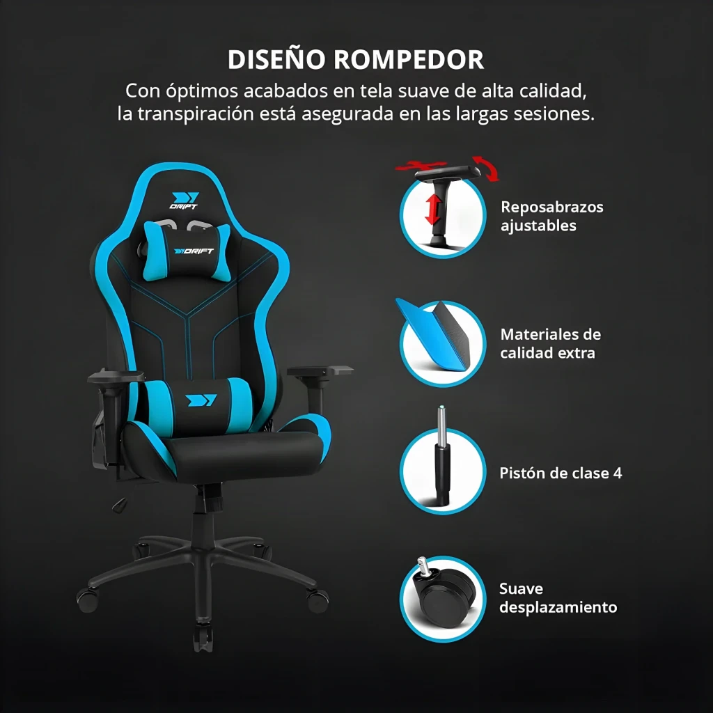 Silla Gaming Drift DR110 Negro/Azul Tela Transpirable 4D 150kg, infografía: reposabrazos 4D, pistón clase 4 y ruedas suaves