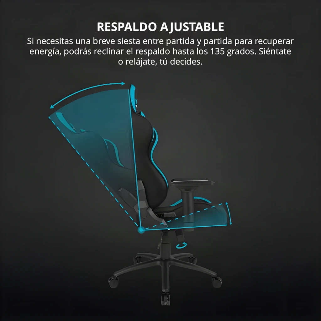 Silla Gaming Drift DR110 Negro/Azul Tela Transpirable 4D 150kg, detalle: respaldo reclinable hasta 135° con flechas