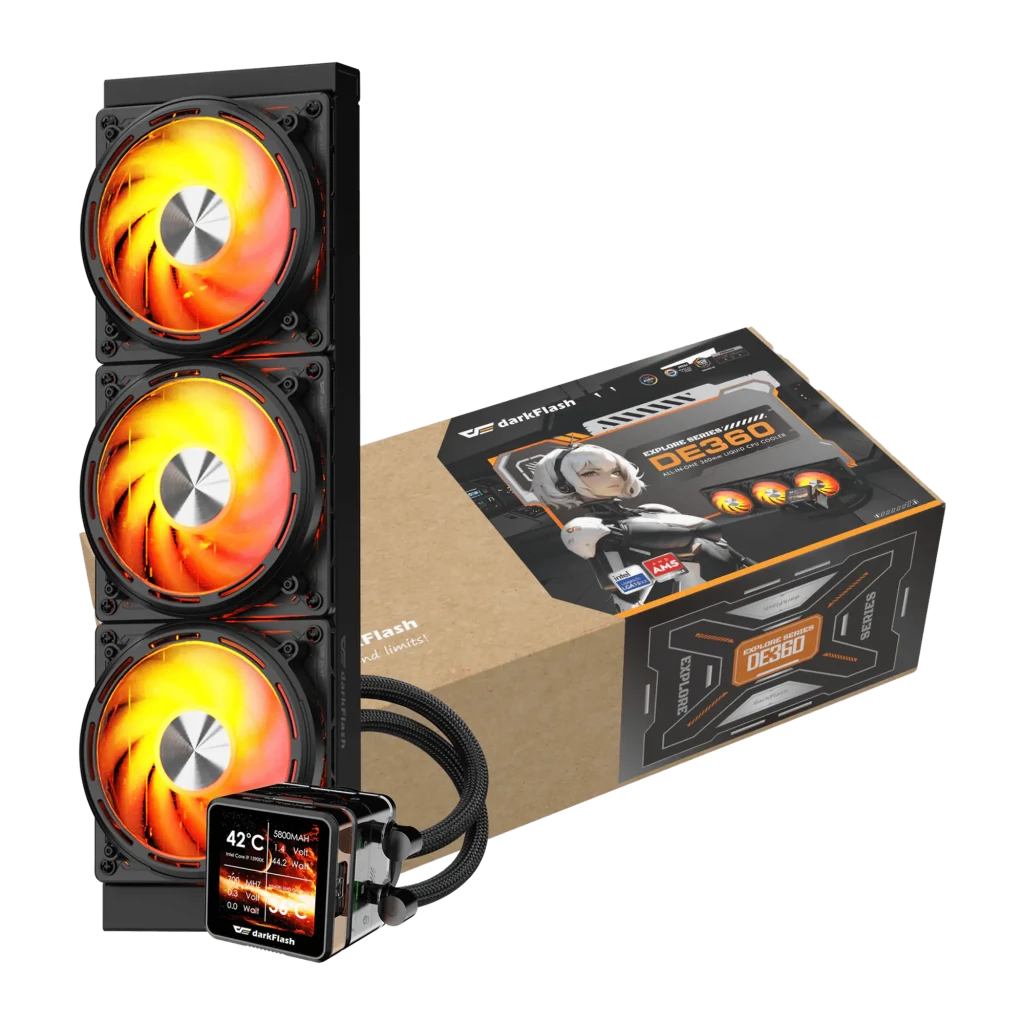 Refrigeración Líquida AIO Darkflash DE360 315W TDP 360mm Negro, contenido de la caja: radiador triple ventilador RGB