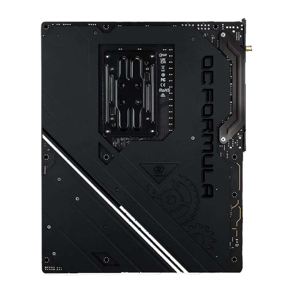 ASRock X870E Taichi OCF AM5 ATX DDR5 noir, vue arrière: PCB noir avec logo OC Formula, backplate métallique et bande RGB