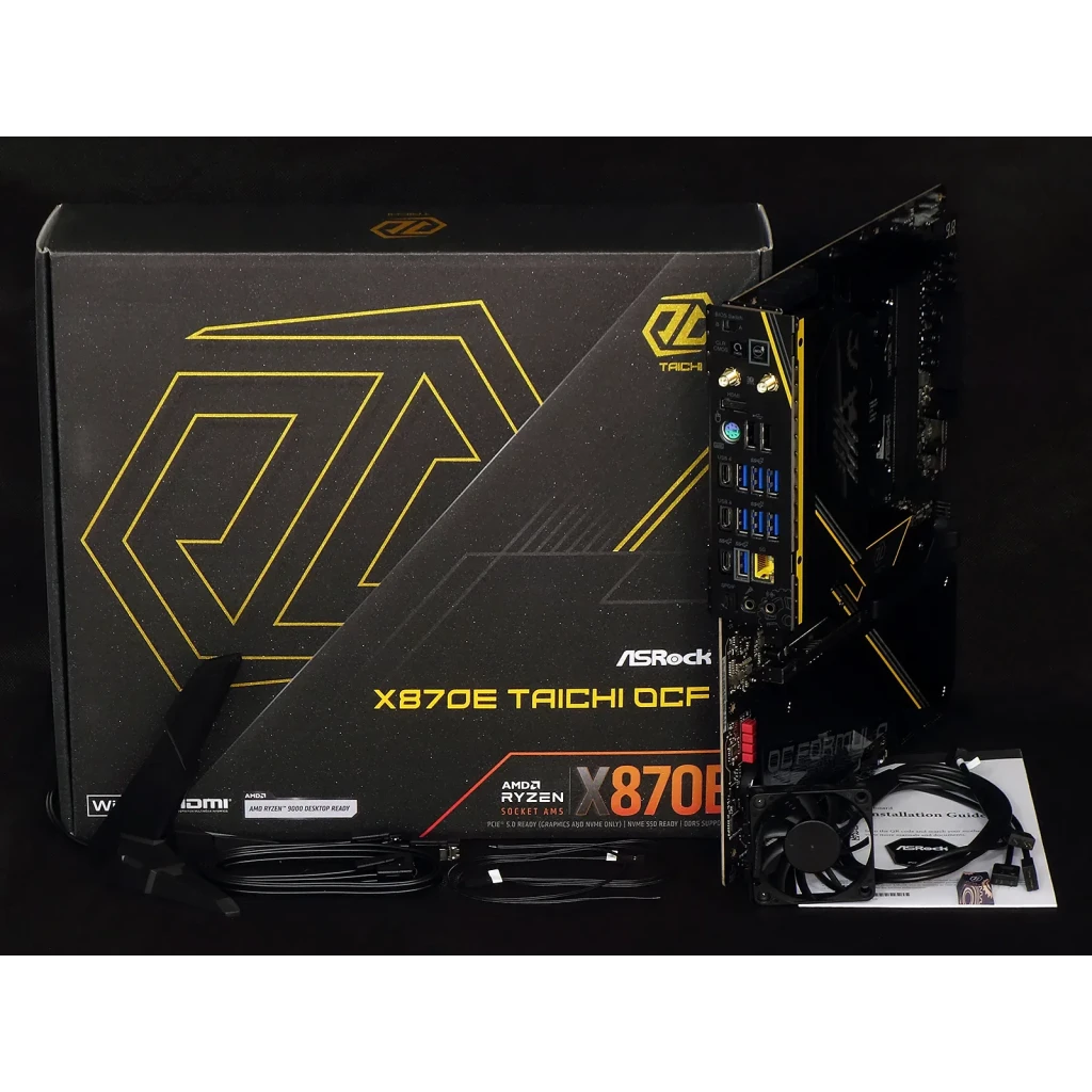 Placa-mãe ASRock X870E Taichi OCF AM5 DDR5 ATX WiFi 7, conteúdo da caixa: placa, caixa preta e dourada, acessórios e guia