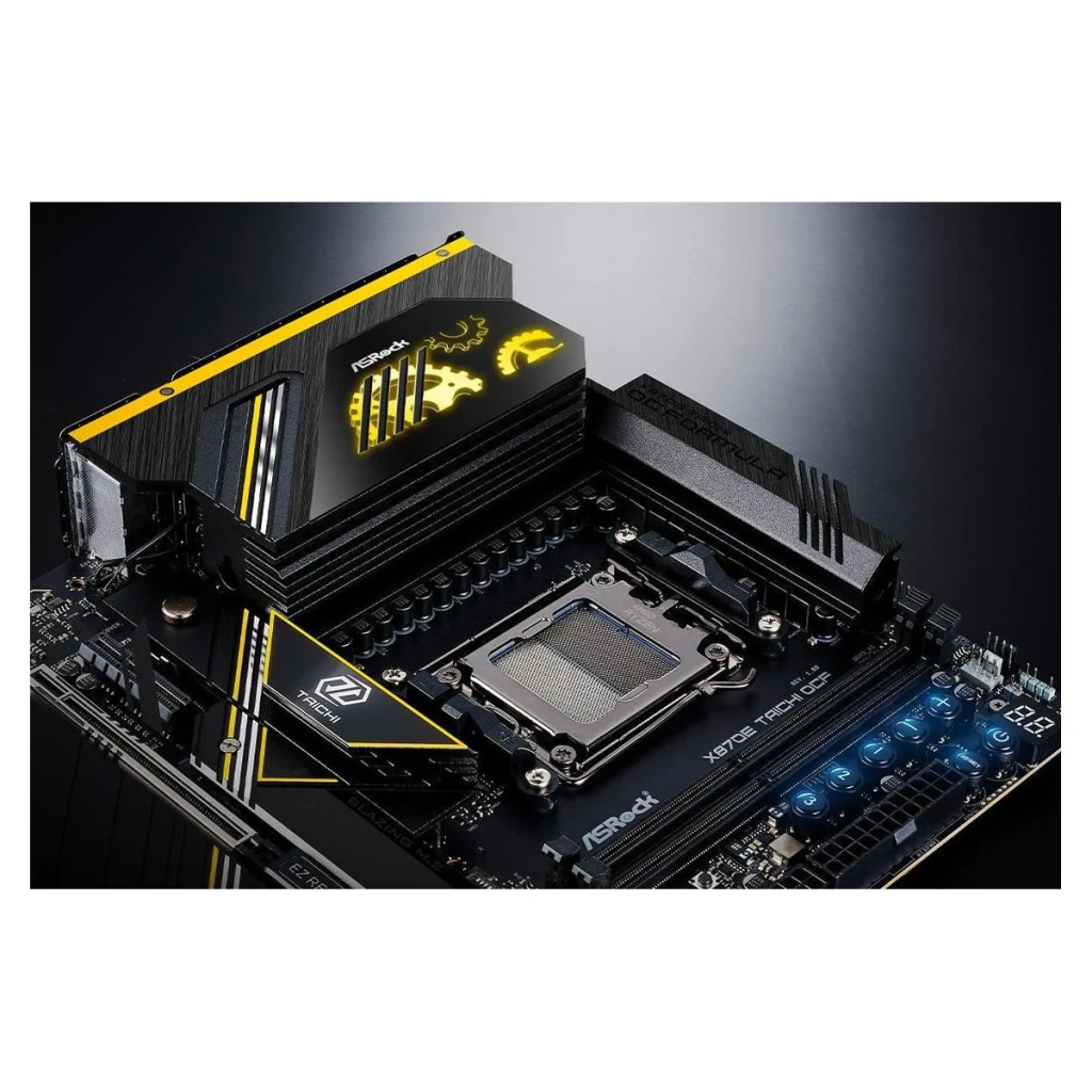 Carte mère ASRock X870E Taichi OCF AM5 DDR5 ATX WiFi 7, détail: dissipateurs VRM noirs avec logo Taichi jaune éclairé