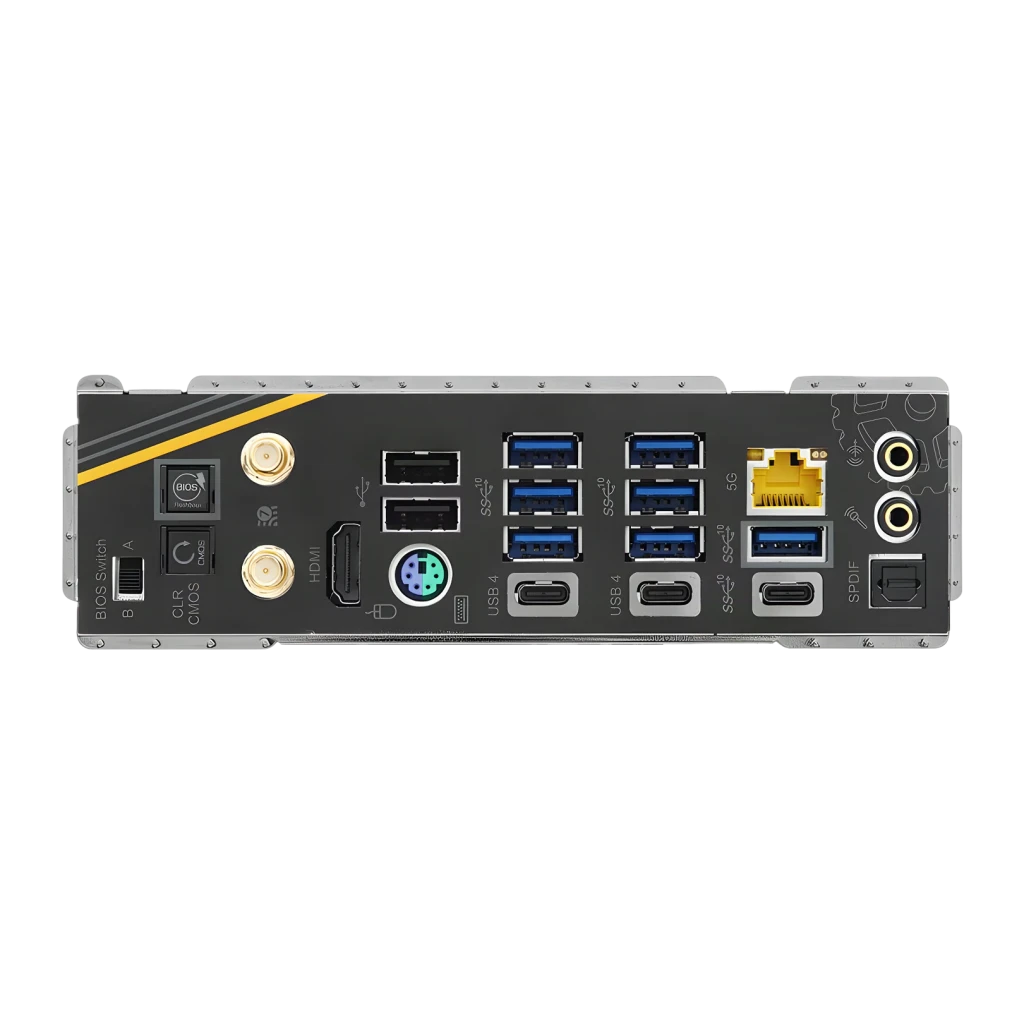 Carte mère ASRock X870E Taichi OCF AM5 DDR5 ATX WiFi 7, détail panneau arrière: ports USB-A, USB-C, HDMI, RJ45 5G, PS/2