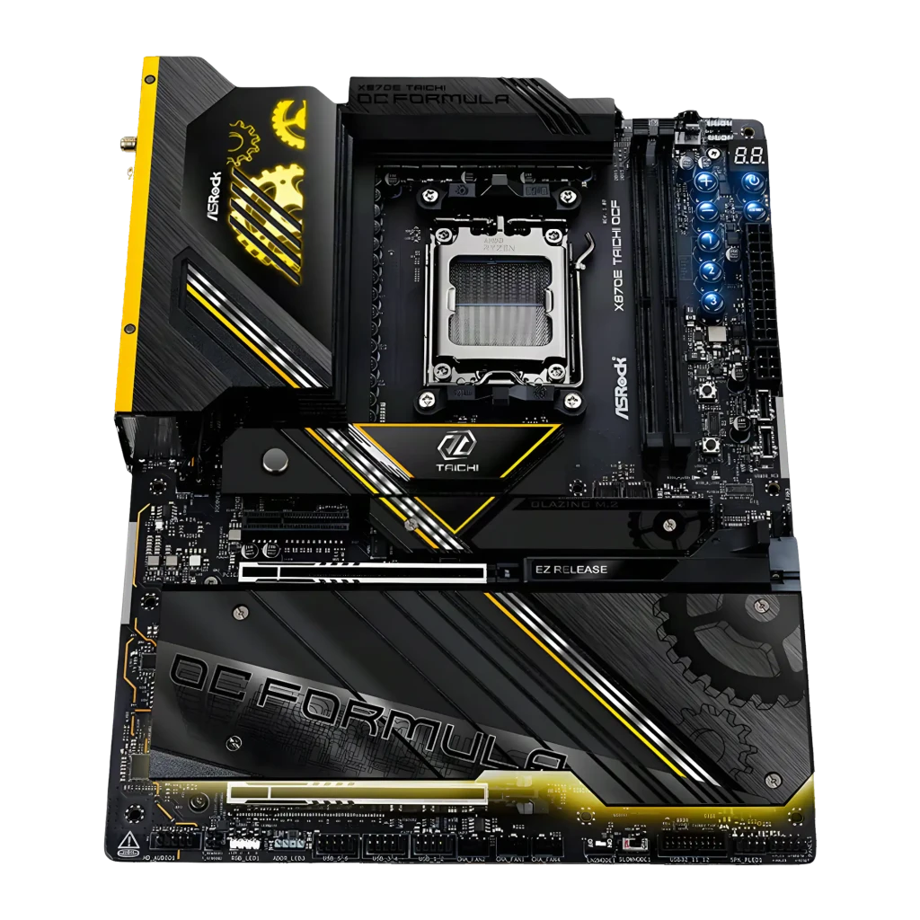 Carte mère ASRock X870E Taichi OCF AM5 DDR5 ATX WiFi 7, vue de face: socket AM5, dissipateurs noirs et dorés, texte OC