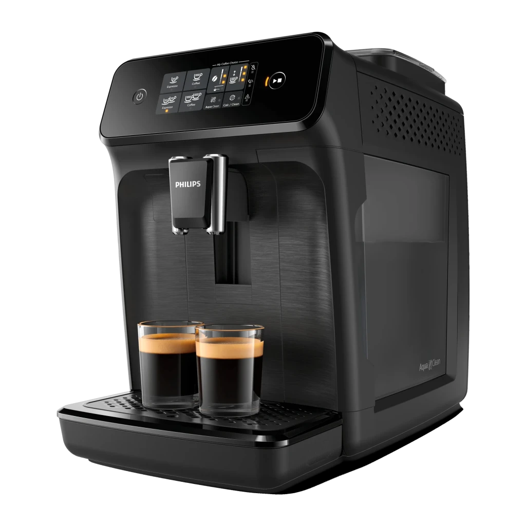 Philips Cafetera automática Series 1200 EP1200/00 negra, vista frontal 3/4: panel táctil, boquilla y dos tazas de espresso