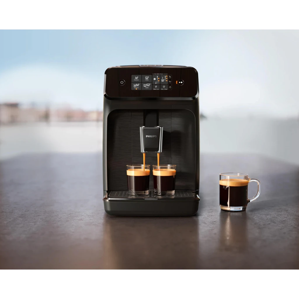Philips Cafetera automática Series 1200 EP1200/00 negra, vista frontal en uso: sirve dos espressos simultáneos, taza extra