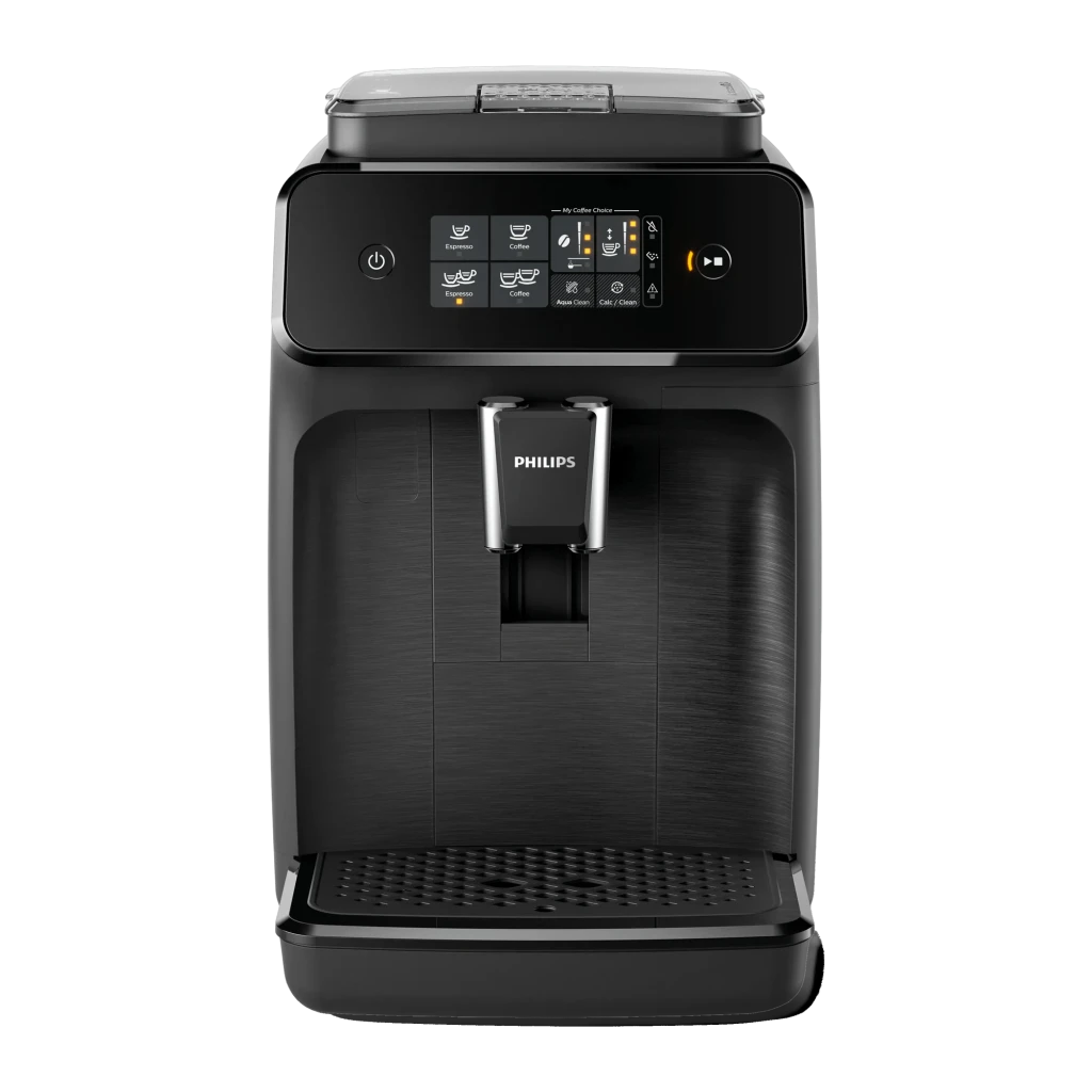 Philips Cafetera automática Series 1200 EP1200/00 Negro, vista frontal: panel táctil, boquilla dispensadora cromada