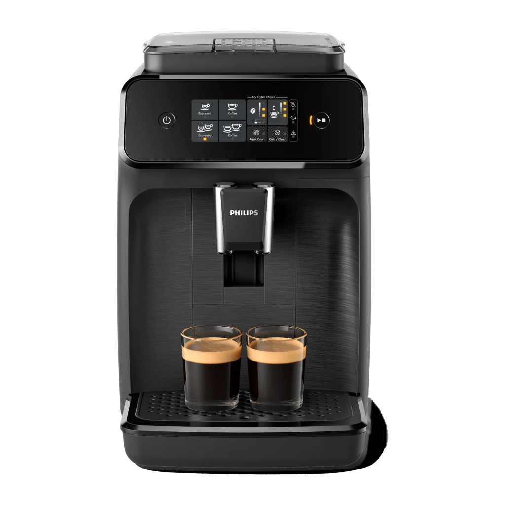Philips Cafetera automática Series 1200 EP1200/00 negro, vista frontal: panel táctil y dos tazas de espresso recién