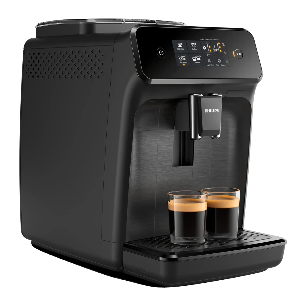Philips Cafetera automática Series 1200 EP1200/00 Negro, vista lateral: panel táctil, boquilla y dos espressos servidos