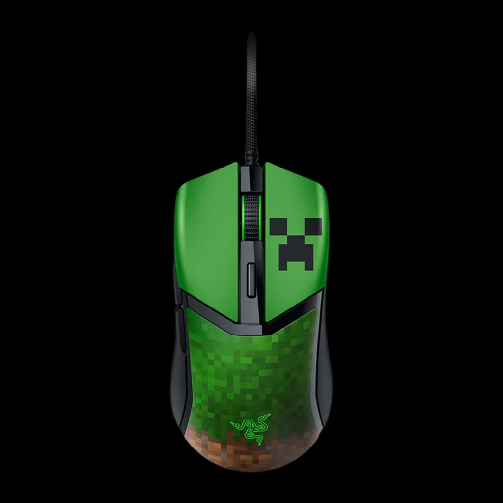 Ratón Gaming Razer Cobra Minecraft Edition 8500 DPI RGB Multicolor, vista superior: diseño Creeper verde con textura