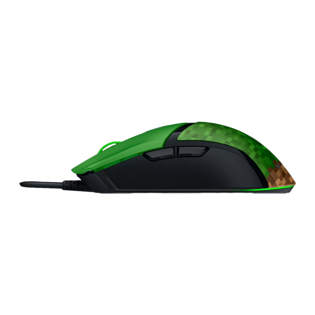Ratón Gaming Razer Cobra Minecraft Edition 8500 DPI RGB Multicolor, vista lateral: textura píxel verde y marrón, cable