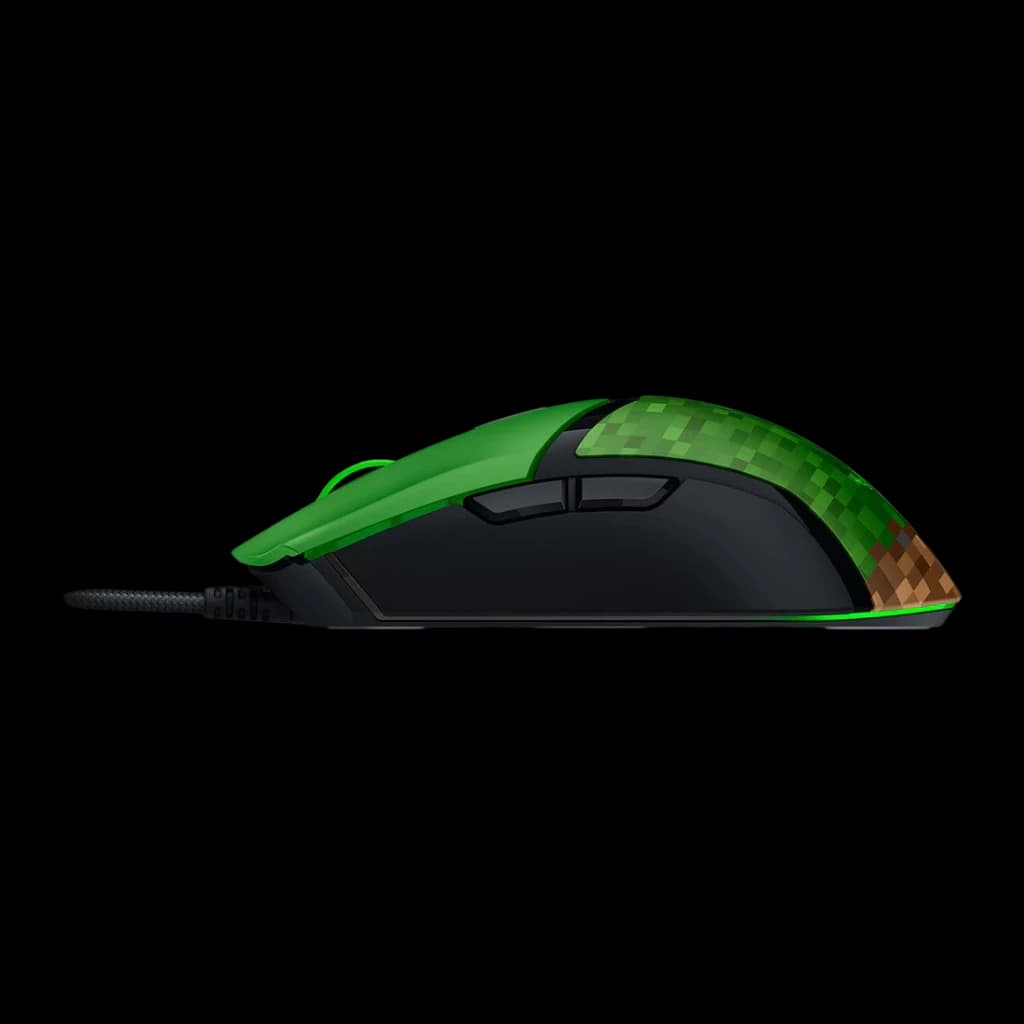 Ratón Gaming Razer Cobra Minecraft Edition 8500 DPI RGB Multicolor, vista lateral: textura píxel verde y marrón, cable