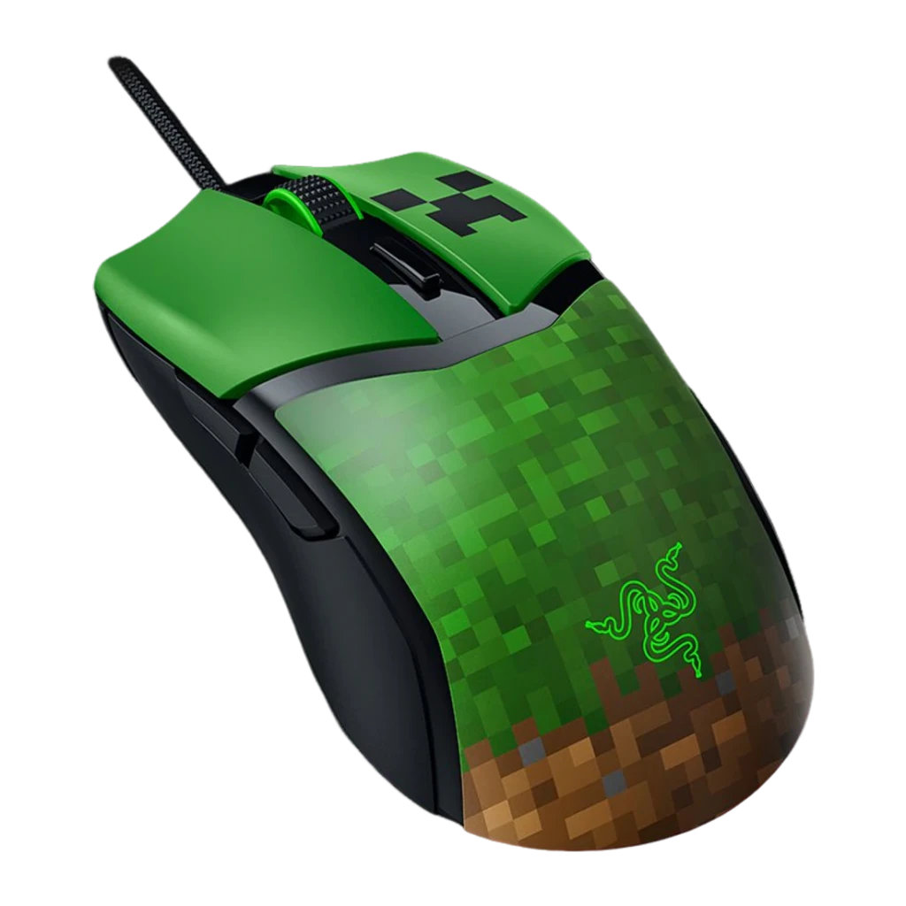Ratón Gaming Razer Cobra Minecraft Edition 8500 DPI RGB Multicolor, vista lateral: diseño pixelado Creeper verde y tierra