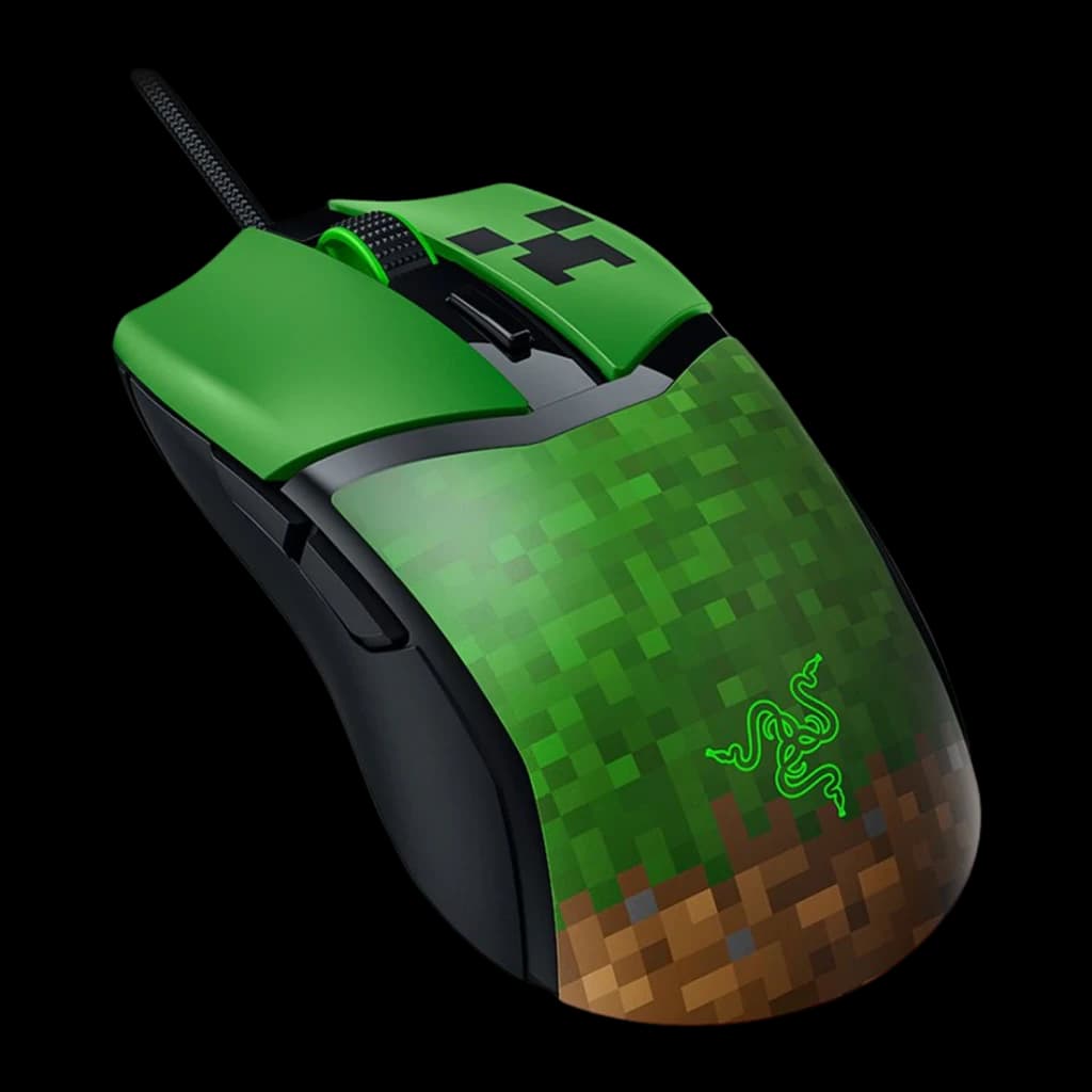Ratón Gaming Razer Cobra Minecraft Edition 8500 DPI RGB Multicolor, vista lateral: diseño pixelado Creeper verde y tierra