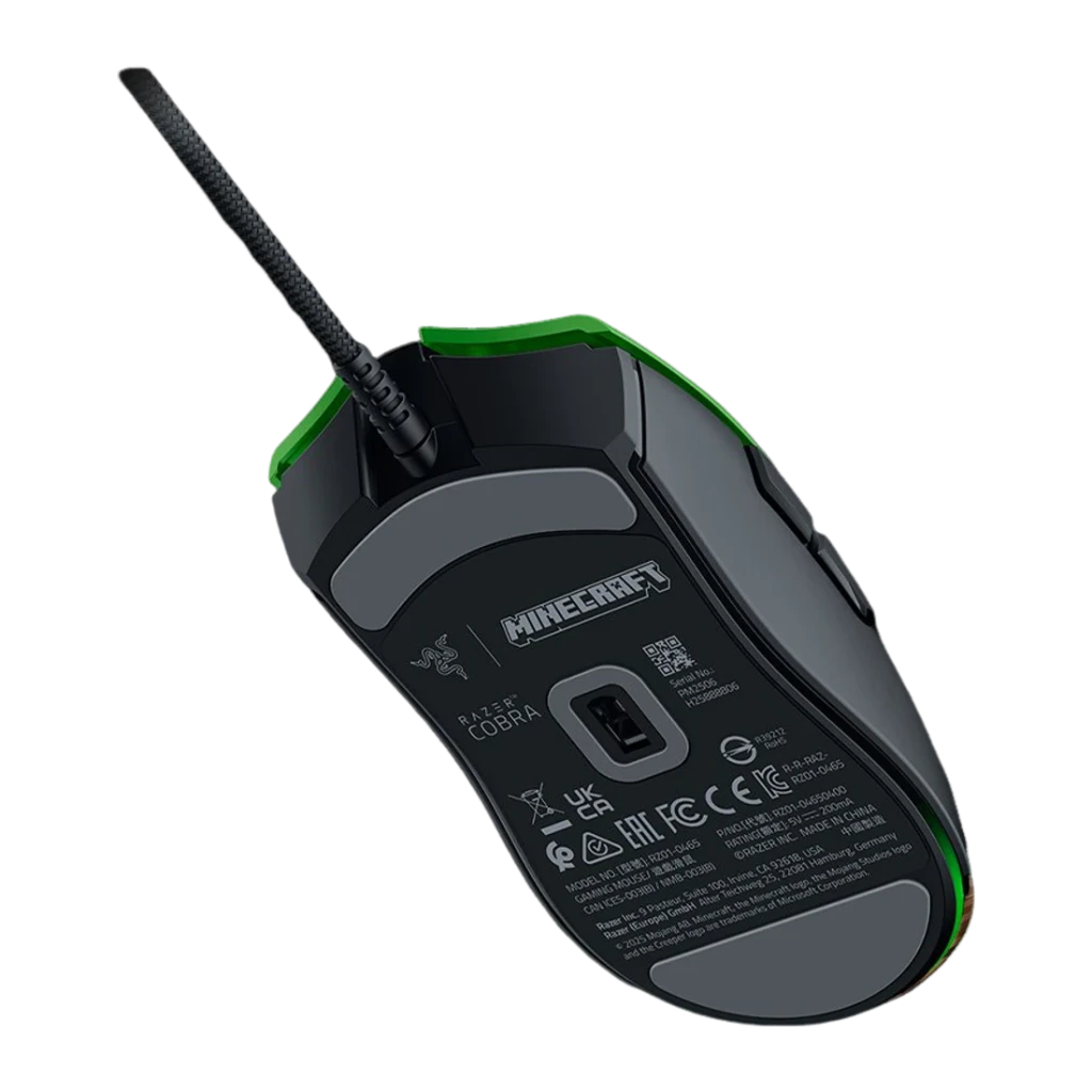 Ratón Gaming Razer Cobra Minecraft Edition 8500 DPI RGB Multicolor, vista inferior: sensor óptico, logo Minecraft