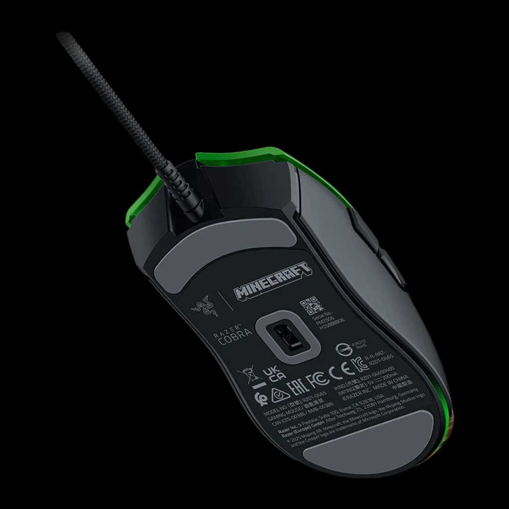Ratón Gaming Razer Cobra Minecraft Edition 8500 DPI RGB Multicolor, vista inferior: sensor óptico, logo Minecraft