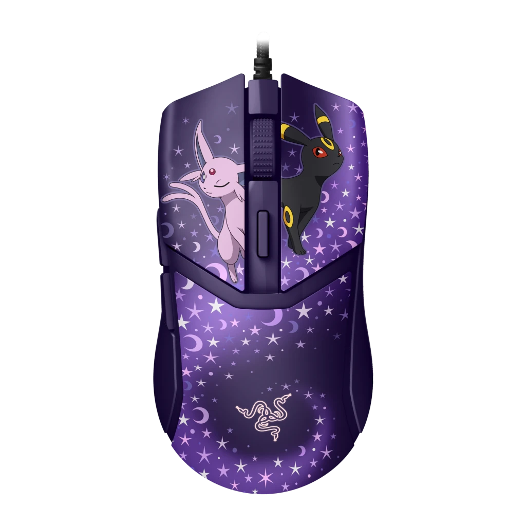 Razer Cobra Edição Pokémon Espeon & Umbreon Roxo, vista superior: design estrelado com Espeon e Umbreon em fundo roxo