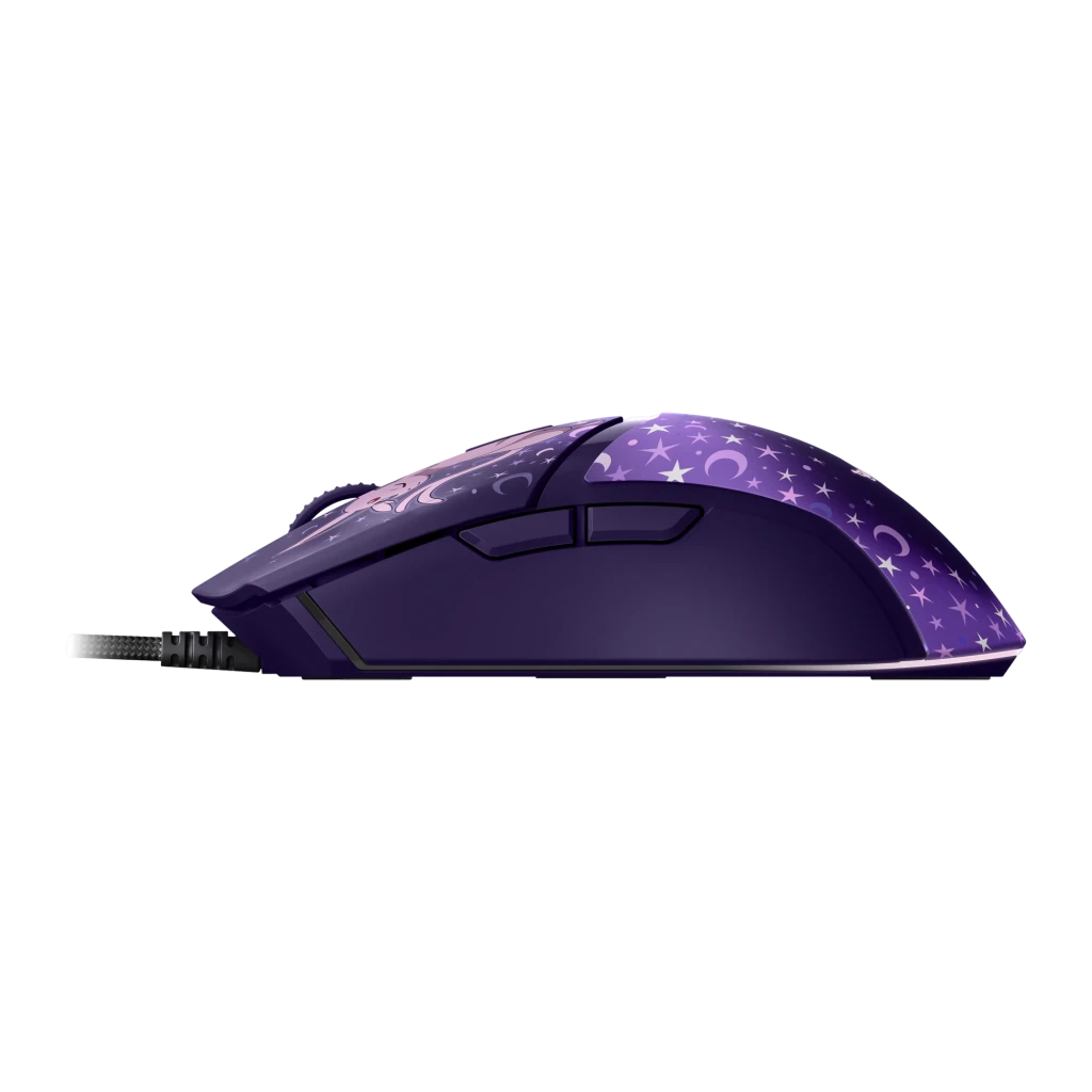 Razer Cobra Edição Pokémon Espeon & Umbreon Roxo, vista lateral: estampa de estrelas e luas, botões laterais e cabo trançado
