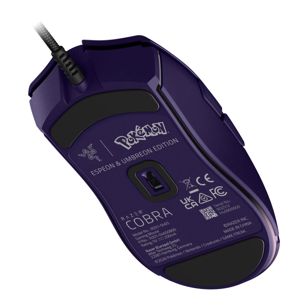 Razer Cobra Edição Pokémon Espeon & Umbreon Roxo, vista inferior: sensor óptico, logo Pokémon e texto Espeon & Umbreon