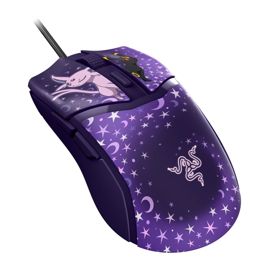 Razer Cobra Edição Pokémon Espeon & Umbreon Roxo, vista superior lateral: padrão de estrelas e luas com Espeon e Umbreon