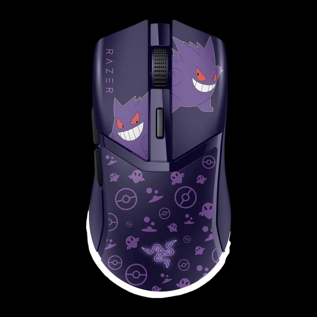 Razer Cobra Pokémon Gengar Edition violet, vue du dessus: motifs Gengar et Mystherbe avec Poké Balls et fantômes