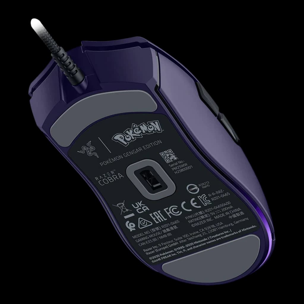 Razer Cobra Pokémon Gengar Edition Violet, vue inférieure: base avec capteur, logo Pokémon et câble tressé