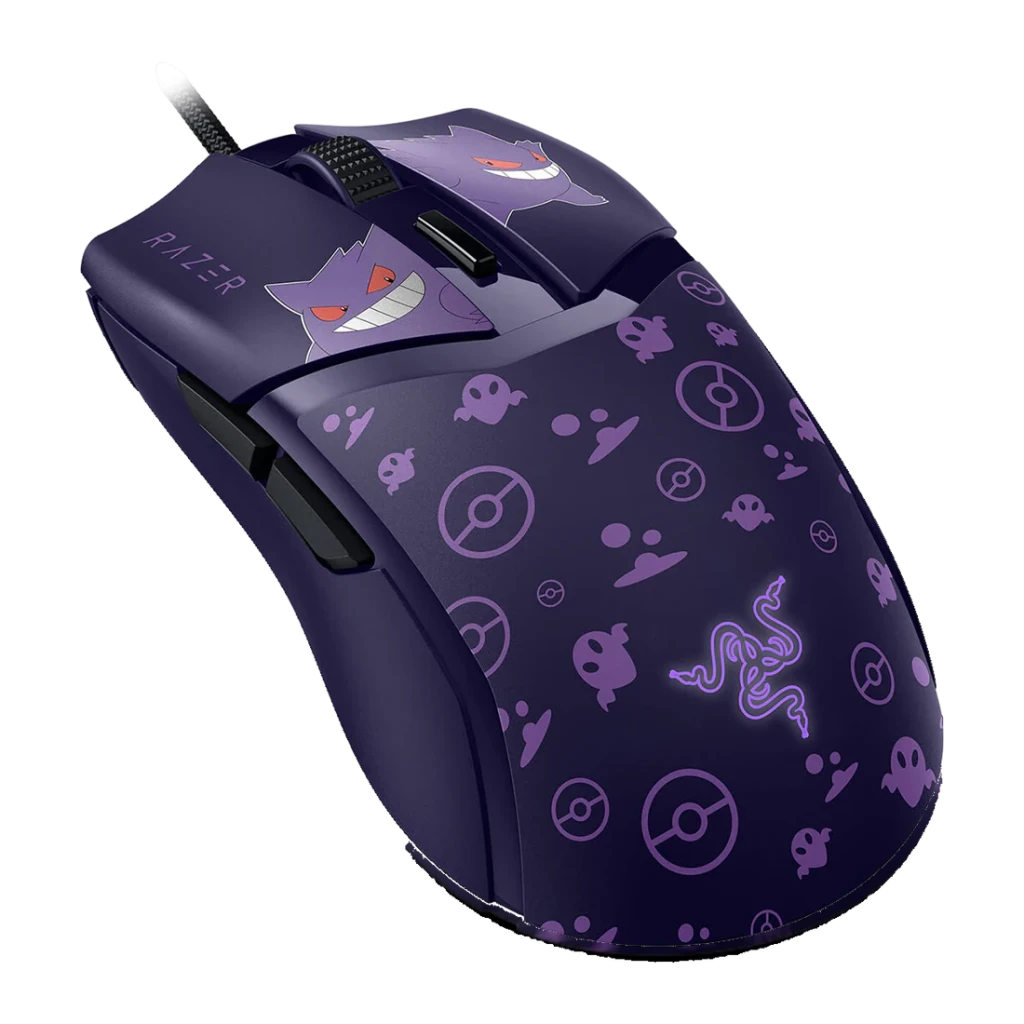 Razer Cobra Pokémon Gengar Edition violet, vue latérale-dessus: motif Gengar et Poké Ball, logo Razer lumineux