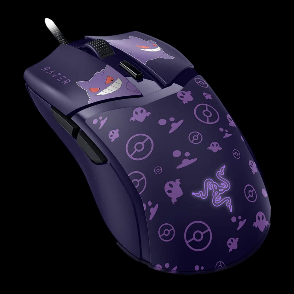Razer Cobra Pokémon Gengar Edition violet, vue latérale-dessus: motif Gengar et Poké Ball, logo Razer lumineux