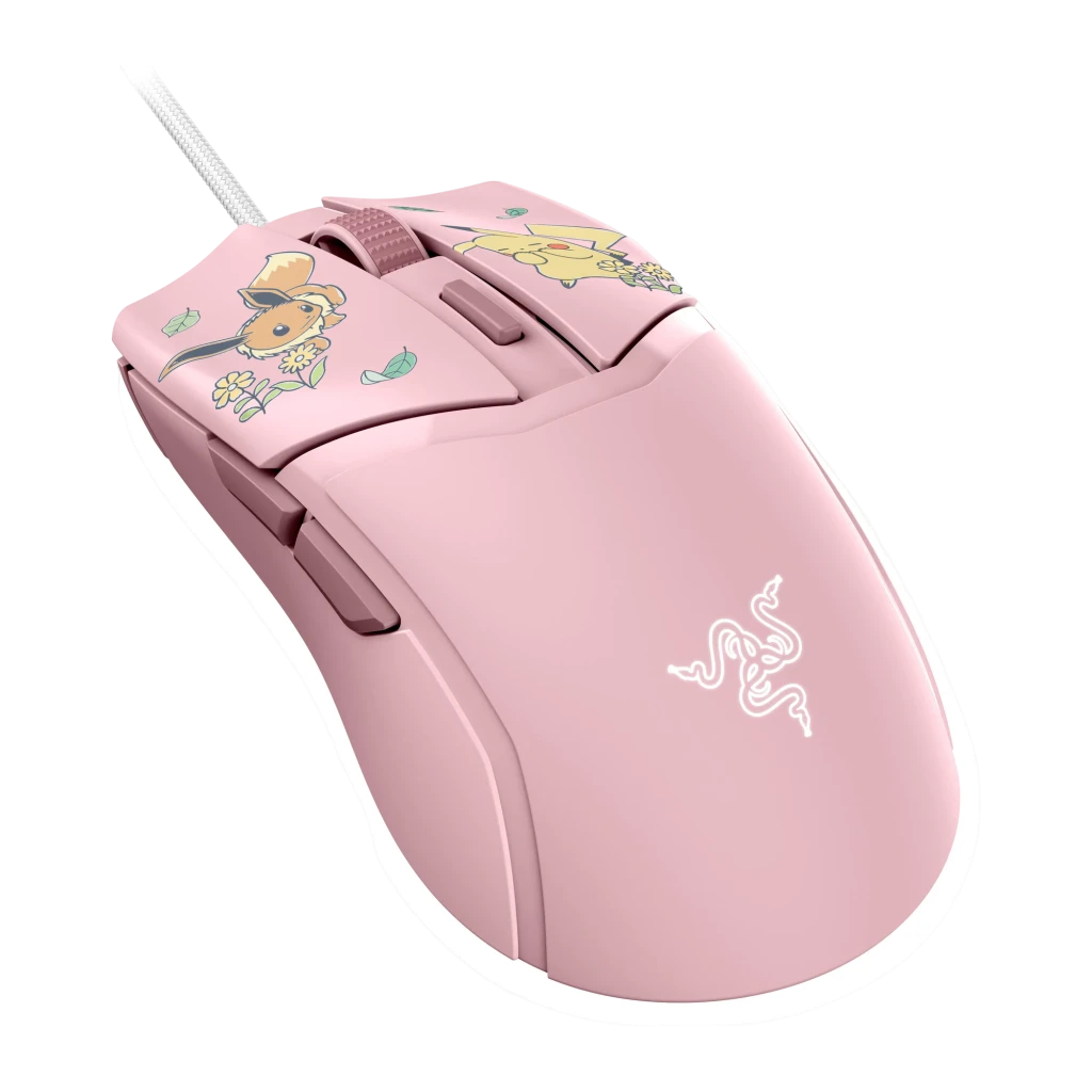 Razer Cobra Édition Pokémon Pikachu & Eevee 8500 DPI Rose, vue dessus: illustrations Pikachu et Eevee florales, logo Razer