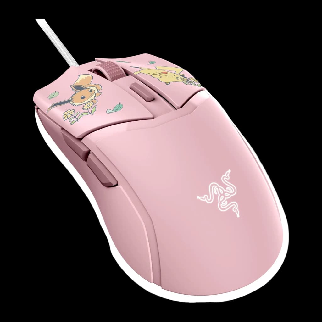 Razer Cobra Édition Pokémon Pikachu & Eevee 8500 DPI Rose, vue dessus: illustrations Pikachu et Eevee florales, logo Razer