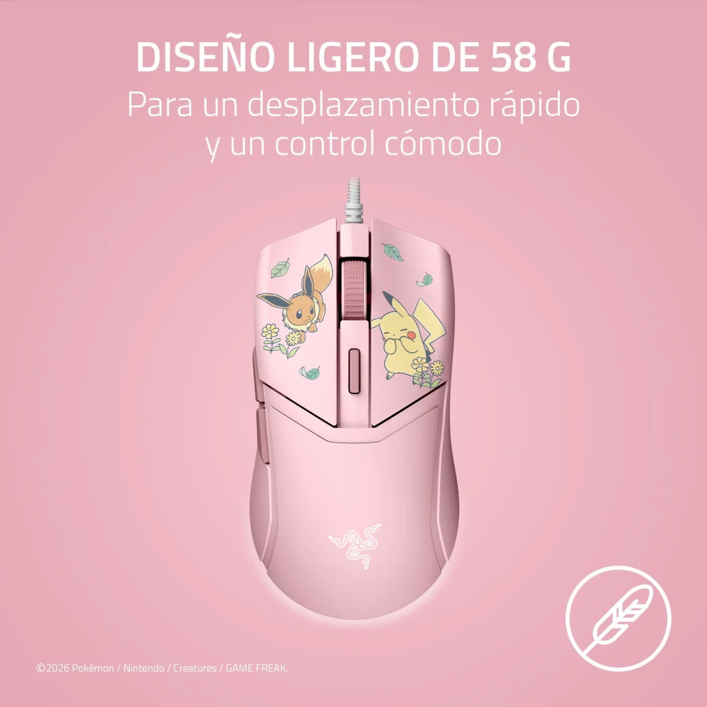 Razer Cobra Pokémon Pikachu & Eevee 8500 DPI Rose, vue du dessus: design léger 58 g avec illustrations de Pikachu et Évoli