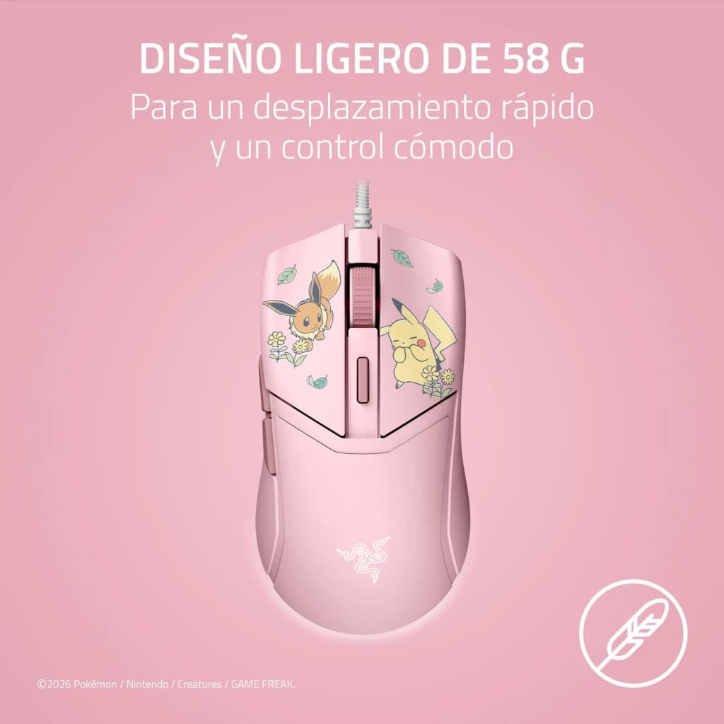 Razer Cobra Pokémon Pikachu & Eevee 8500 DPI Rose, vue du dessus: design léger 58 g avec illustrations de Pikachu et Évoli